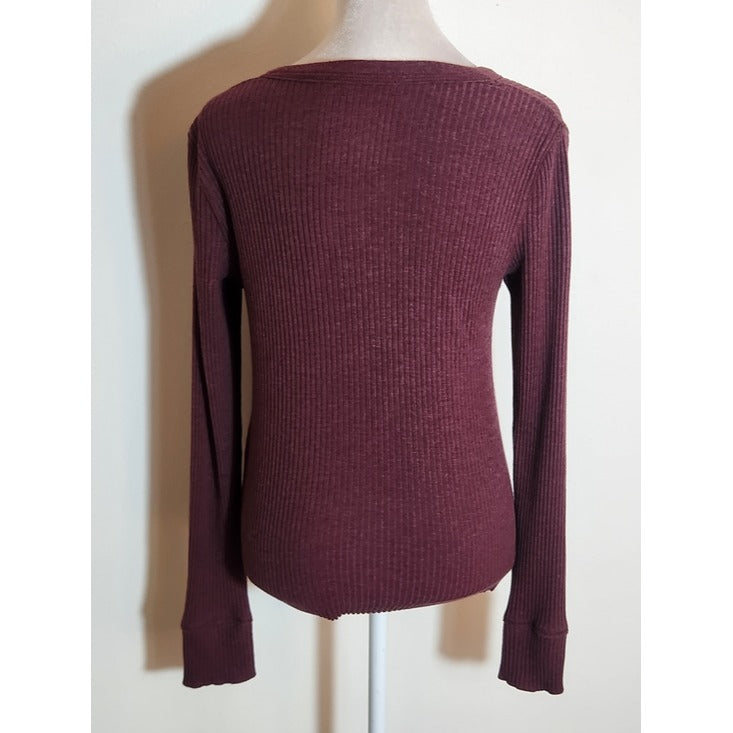 Aerie Burgundy Ribbed Knit Fitted Henley Top Size Small