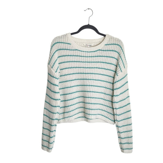 Self Esteem White and Green Striped Chenille Cropped Sweater Size Large NWT
