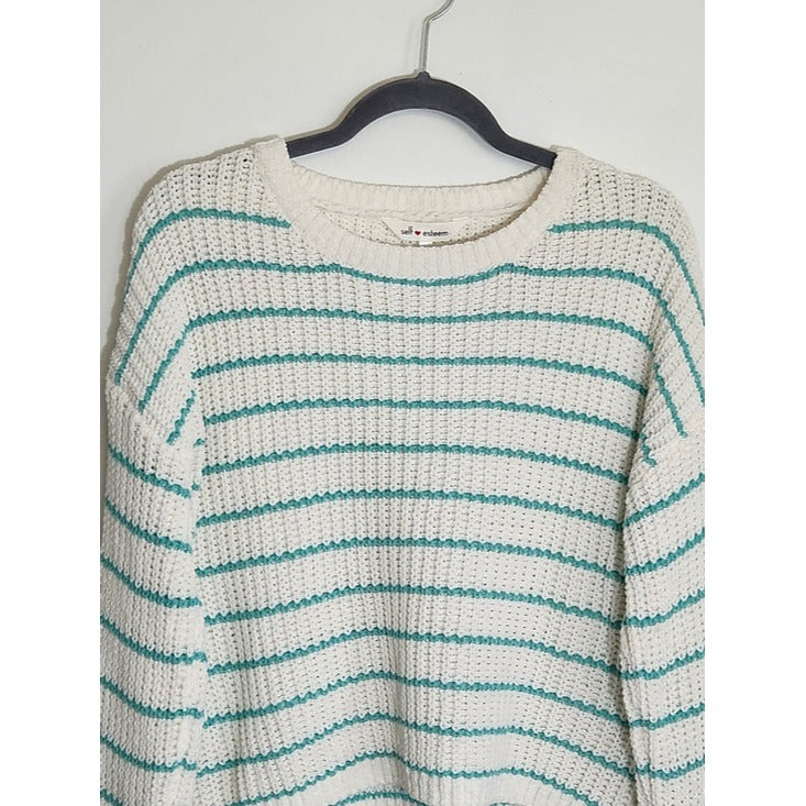 Self Esteem White and Green Striped Chenille Cropped Sweater Size Large NWT