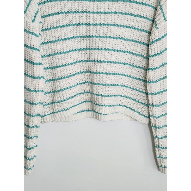 Self Esteem White and Green Striped Chenille Cropped Sweater Size Large NWT