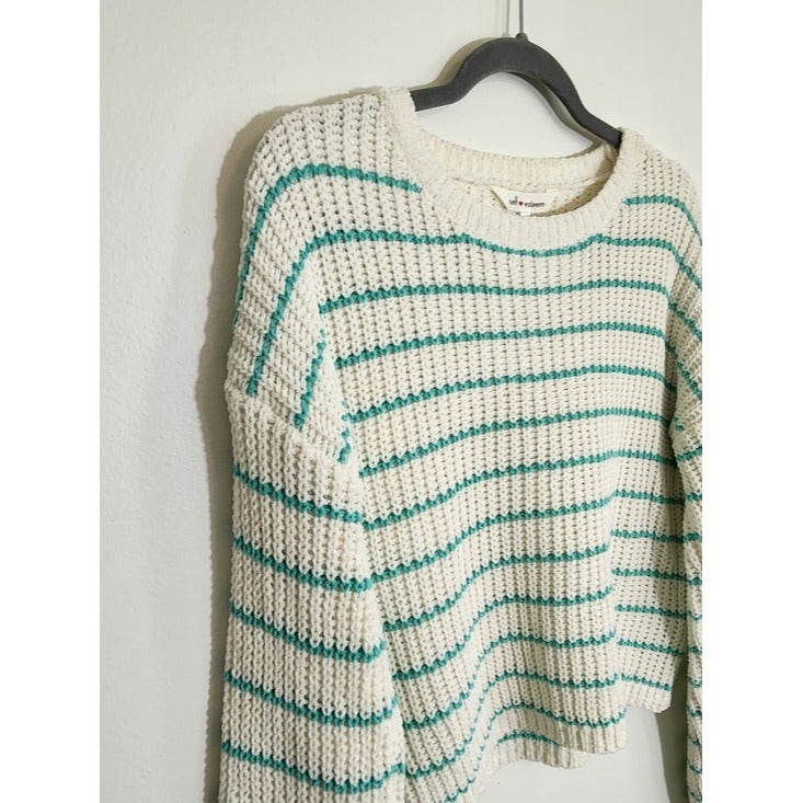 Self Esteem White and Green Striped Chenille Cropped Sweater Size Large NWT