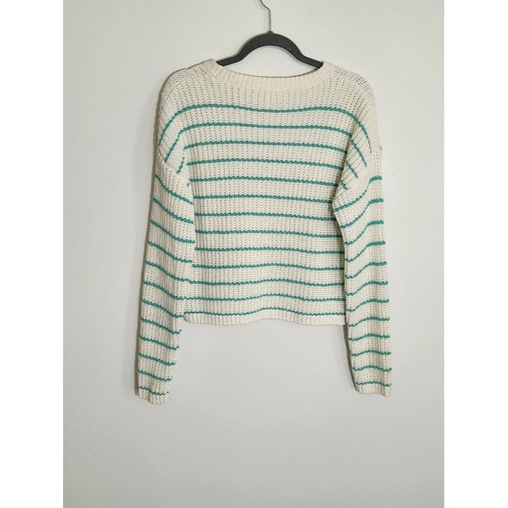 Self Esteem White and Green Striped Chenille Cropped Sweater Size Large NWT