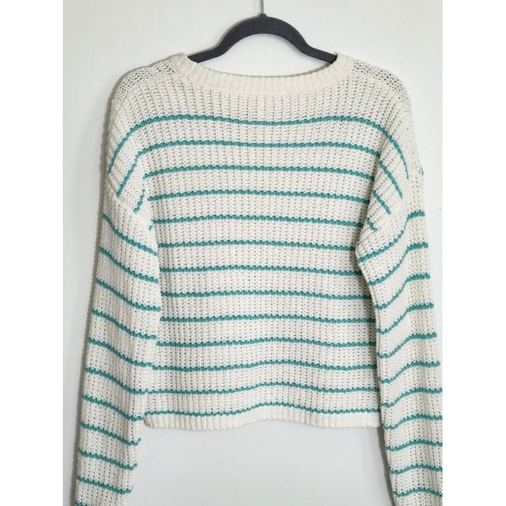 Self Esteem White and Green Striped Chenille Cropped Sweater Size Large NWT