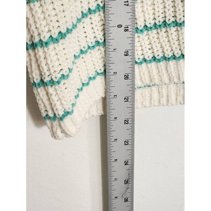 Self Esteem White and Green Striped Chenille Cropped Sweater Size Large NWT