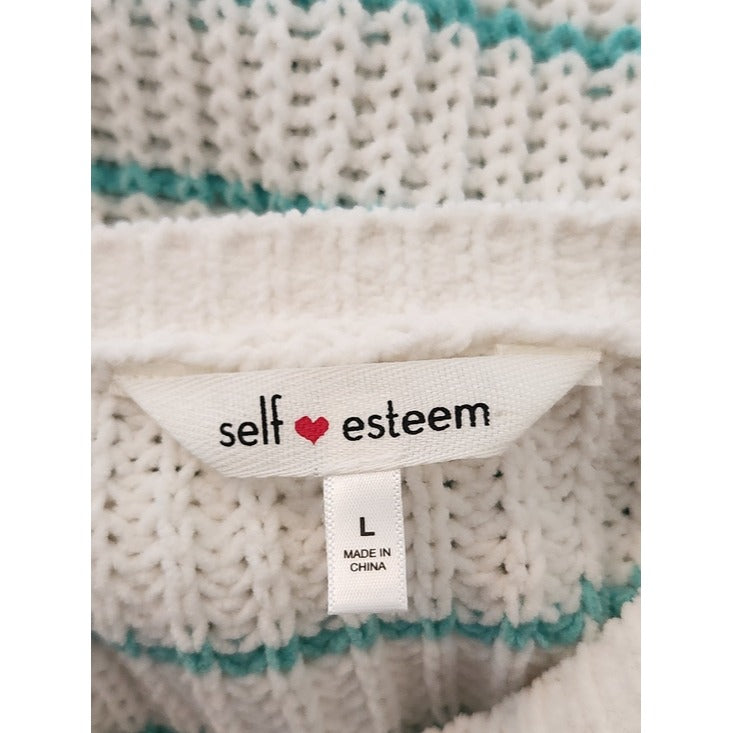Self Esteem White and Green Striped Chenille Cropped Sweater Size Large NWT