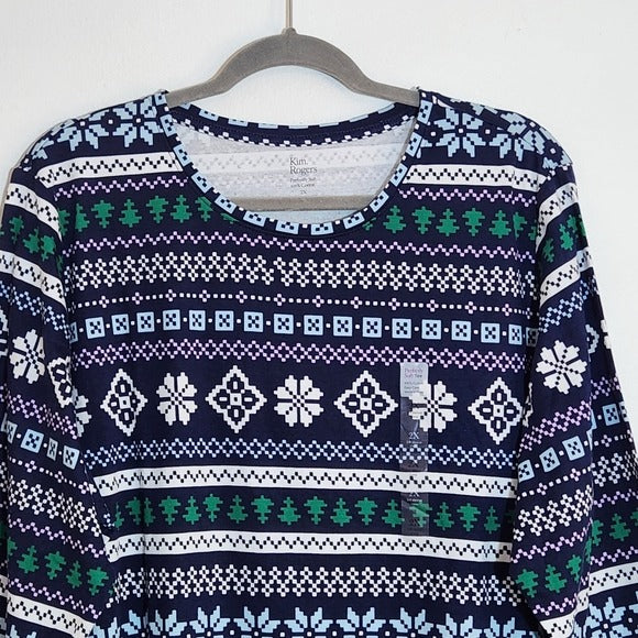 Kim Rogers Blue and Green Winter Print Perfectly Soft Tee Size 2X NWOT