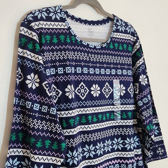 Kim Rogers Blue and Green Winter Print Perfectly Soft Tee Size 2X NWOT