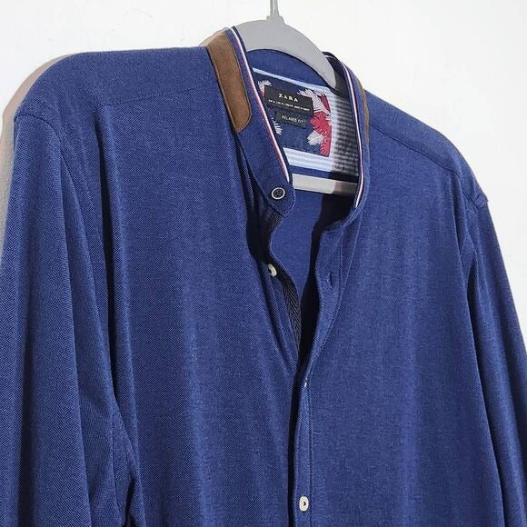 Zara Men's Navy Button-Up Shirt with faux Suede Trim Size XL Casual Navy Top