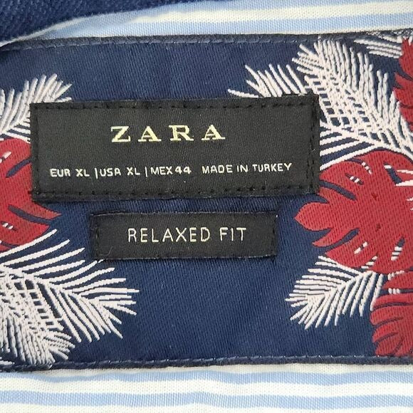 Zara Men's Navy Button-Up Shirt with faux Suede Trim Size XL Casual Navy Top