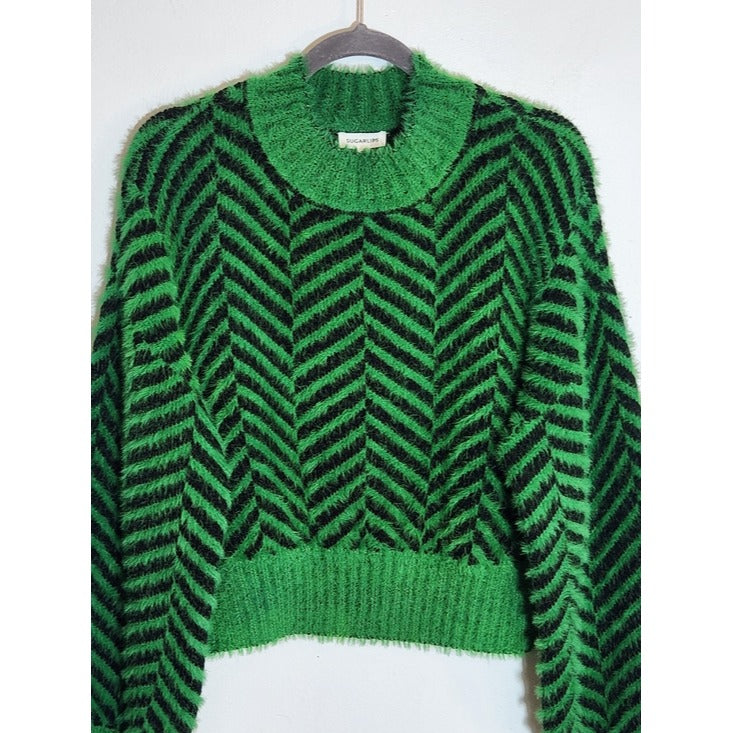 Sugarlips Green and Black Fuzzy Cropped Sweater Size Medium
