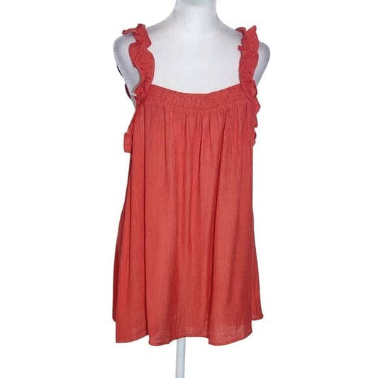 Doe & Rae Tomato Red Sleeveless Crinkle Blouse with Ruffle Accent Size Large