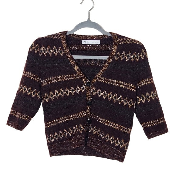 Zara Brown and Gold Cropped Cardigan Sweater Size Small Brown Cropped Sweater