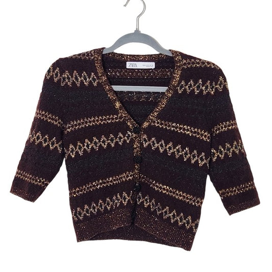 Zara Brown and Gold Cropped Cardigan Sweater Size Small Brown Cropped Sweater