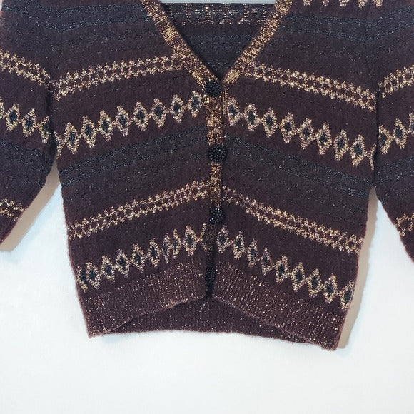 Zara Brown and Gold Cropped Cardigan Sweater Size Small Brown Cropped Sweater
