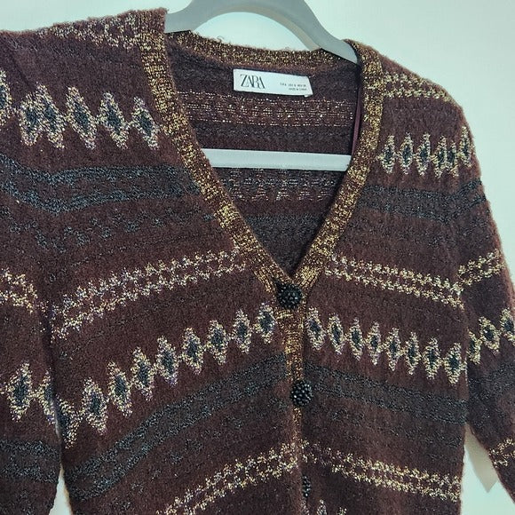 Zara Brown and Gold Cropped Cardigan Sweater Size Small Brown Cropped Sweater