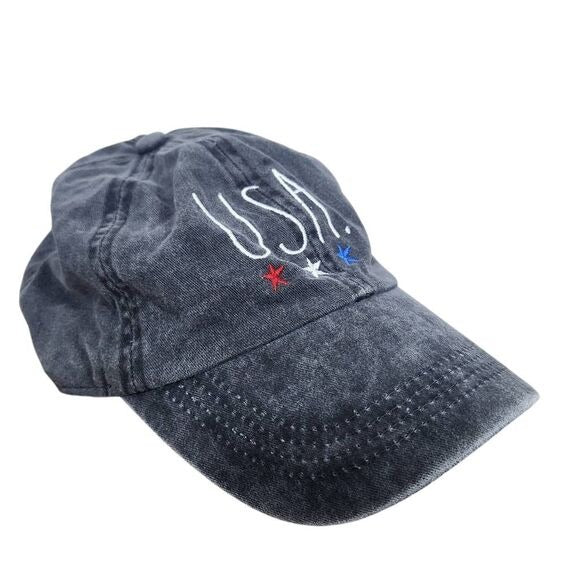 Rae Dunn USA Gray Distressed Baseball Cap One Size Black USA Embroidered Hat