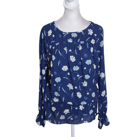 Kaari Blue Navy Floral Long Sleeve Blouse Size Small