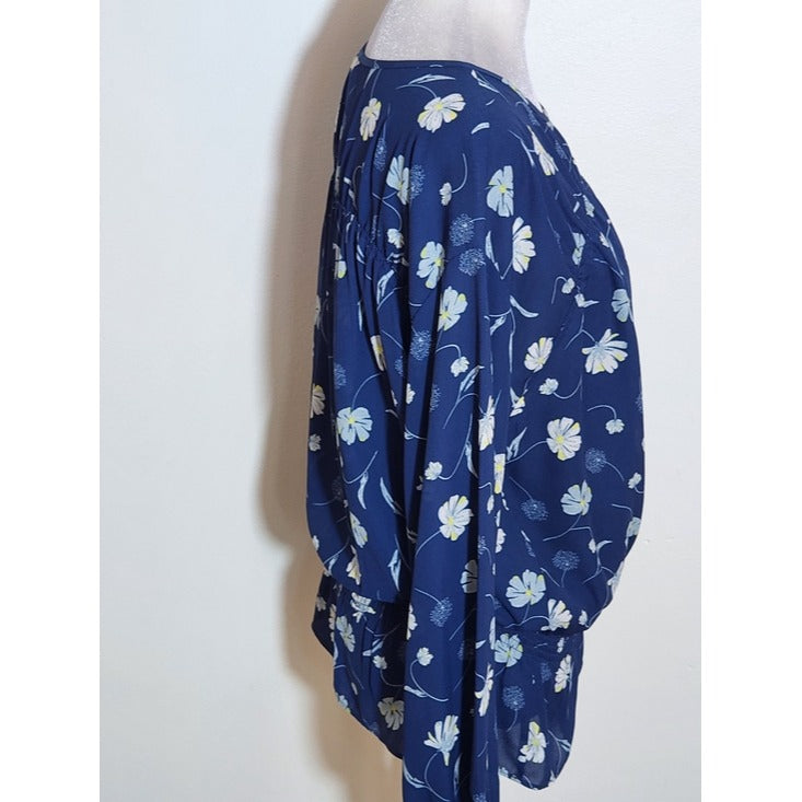 Kaari Blue Navy Floral Long Sleeve Blouse Size Small