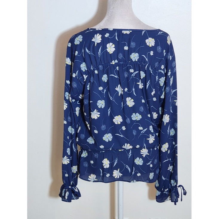 Kaari Blue Navy Floral Long Sleeve Blouse Size Small