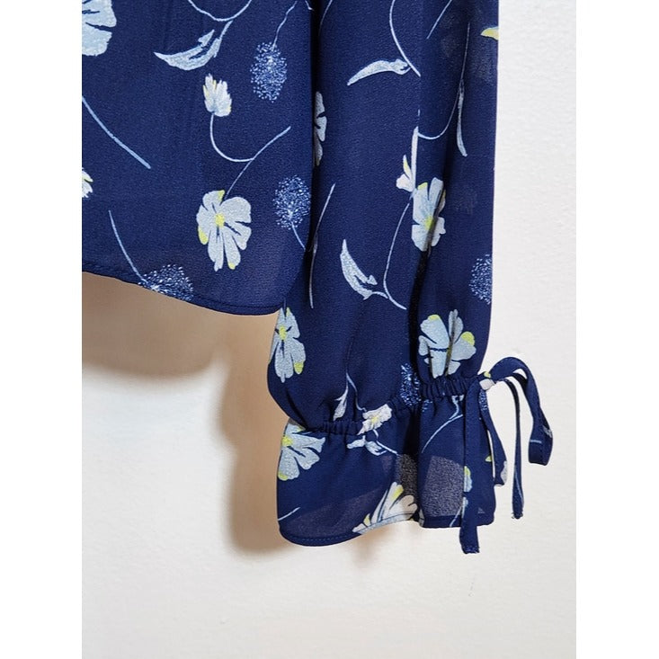 Kaari Blue Navy Floral Long Sleeve Blouse Size Small
