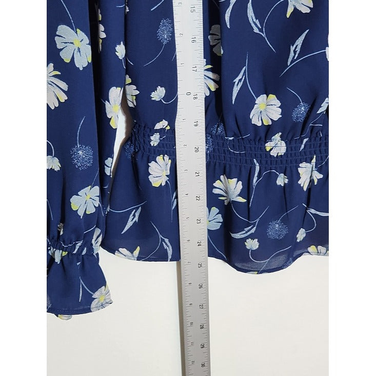Kaari Blue Navy Floral Long Sleeve Blouse Size Small