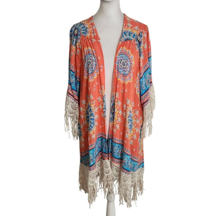 Umgee Coral Pink and Blue Boho Open Kimono with Fringe Size Medium/Large Flaw