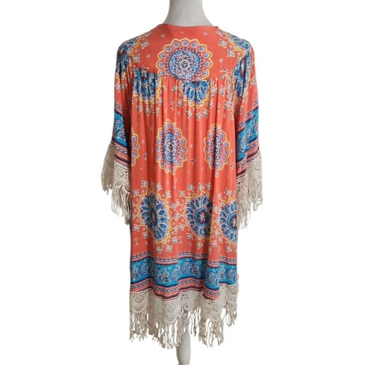 Umgee Coral Pink and Blue Boho Open Kimono with Fringe Size Medium/Large Flaw