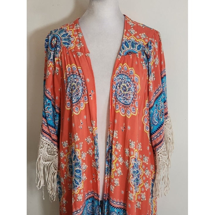 Umgee Coral Pink and Blue Boho Open Kimono with Fringe Size Medium/Large Flaw