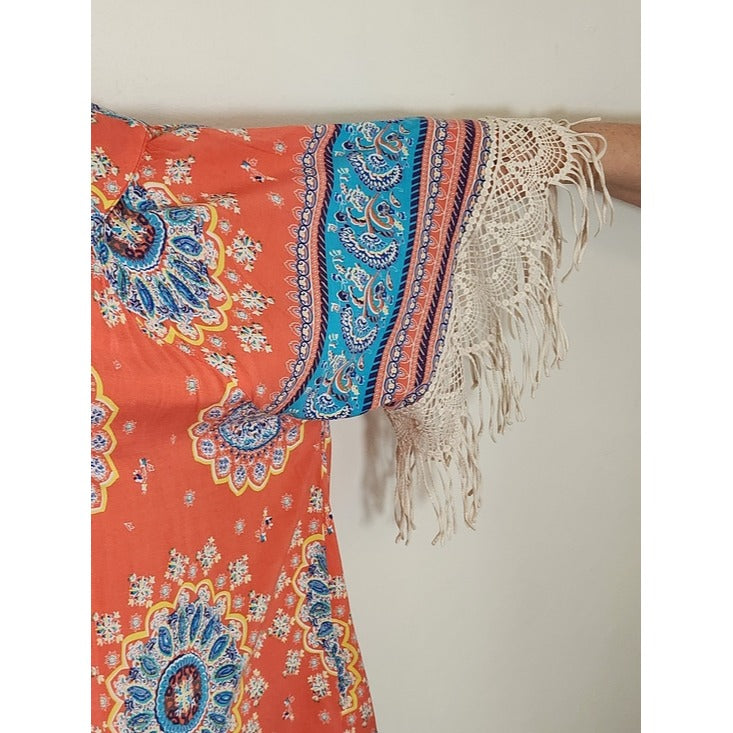 Umgee Coral Pink and Blue Boho Open Kimono with Fringe Size Medium/Large Flaw