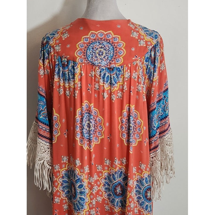 Umgee Coral Pink and Blue Boho Open Kimono with Fringe Size Medium/Large Flaw