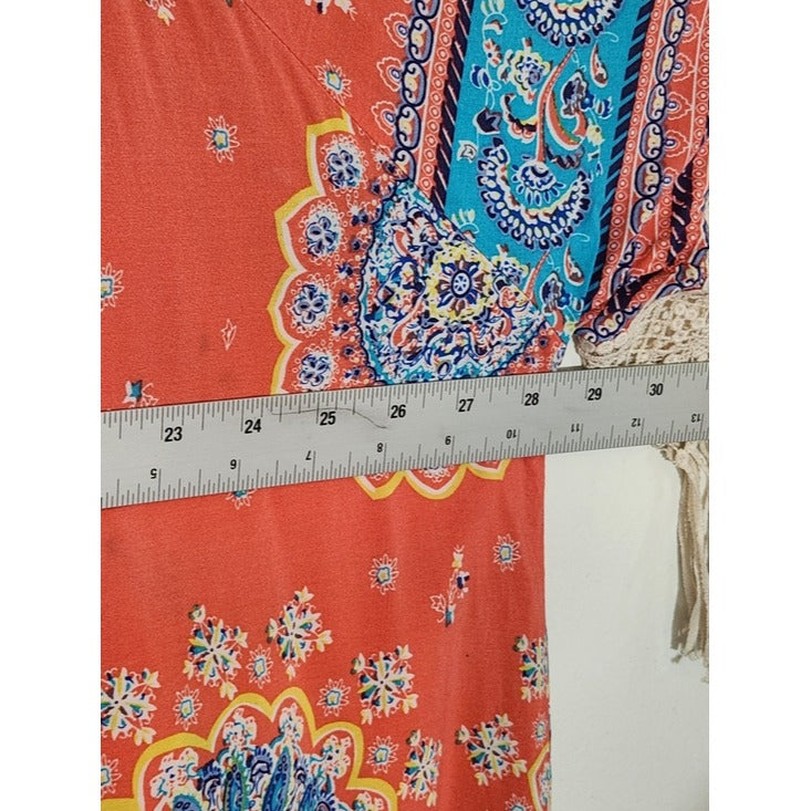 Umgee Coral Pink and Blue Boho Open Kimono with Fringe Size Medium/Large Flaw