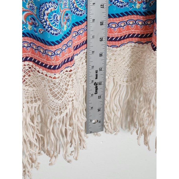 Umgee Coral Pink and Blue Boho Open Kimono with Fringe Size Medium/Large Flaw