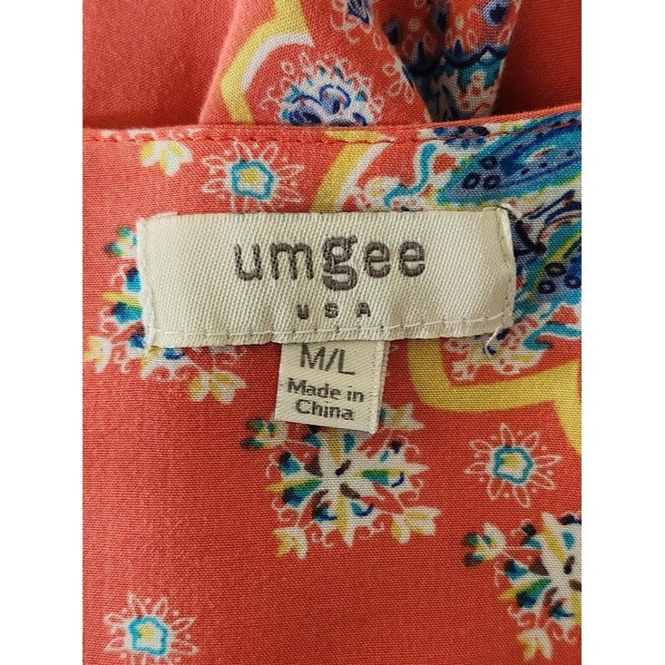 Umgee Coral Pink and Blue Boho Open Kimono with Fringe Size Medium/Large Flaw