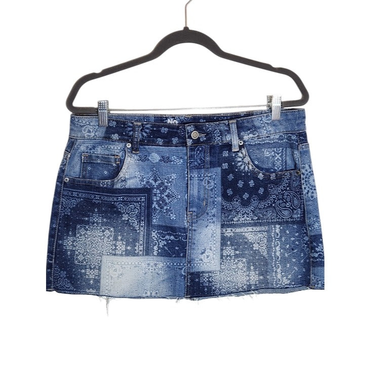 No Boundaries Bandana Patchwork Print Low Rise Denim Mini Skirt Size Medium