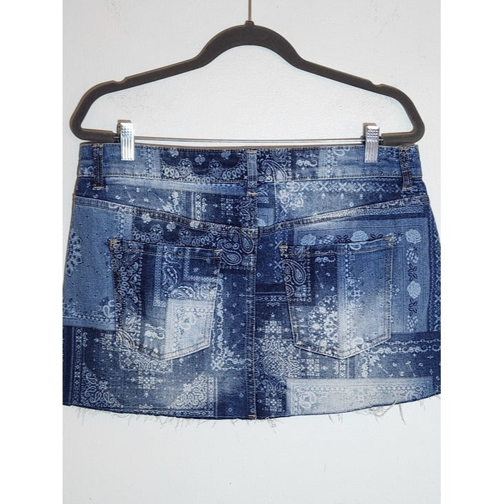 No Boundaries Bandana Patchwork Print Low Rise Denim Mini Skirt Size Medium