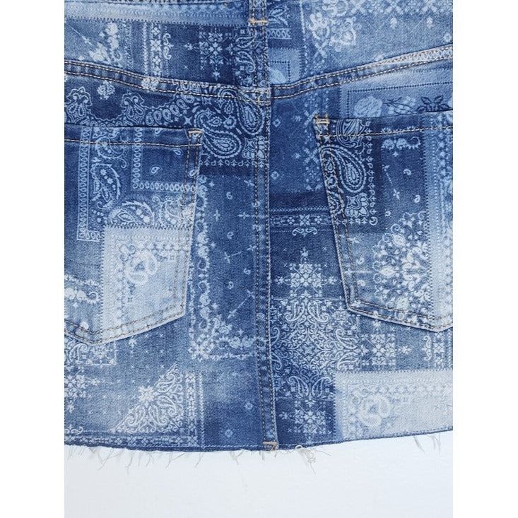 No Boundaries Bandana Patchwork Print Low Rise Denim Mini Skirt Size Medium