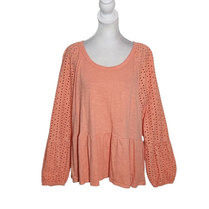Time and Tru Coral Orange Eyelet Sleeve Knit Top Size XL