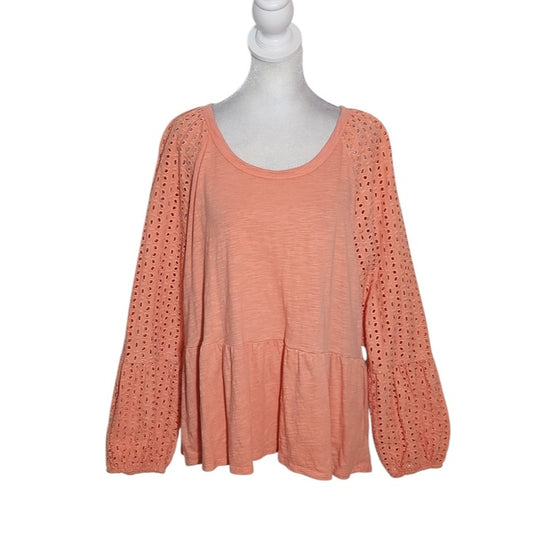 Time and Tru Coral Orange Eyelet Sleeve Knit Top Size XL