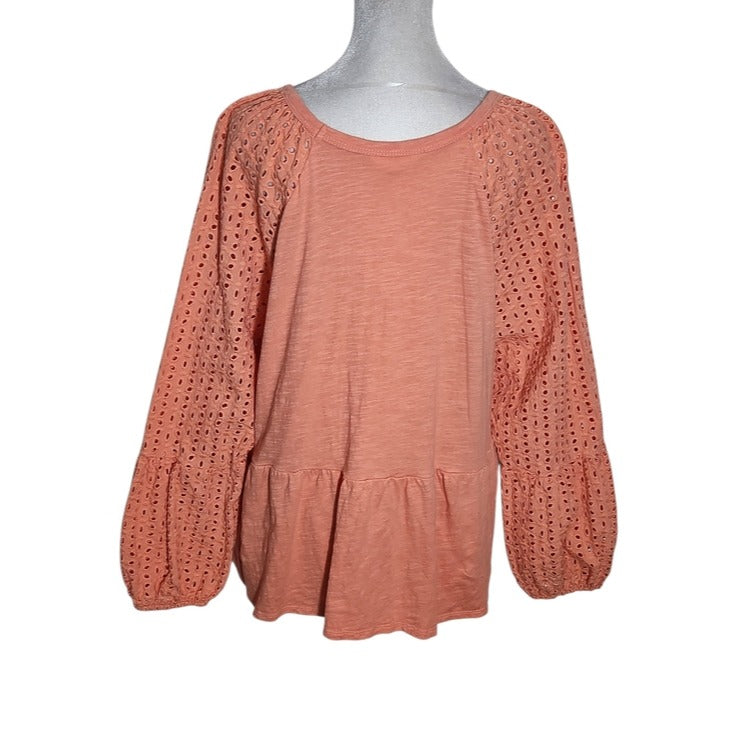 Time and Tru Coral Orange Eyelet Sleeve Knit Top Size XL