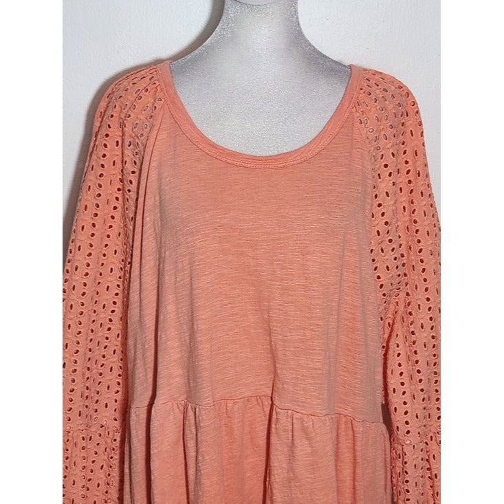 Time and Tru Coral Orange Eyelet Sleeve Knit Top Size XL