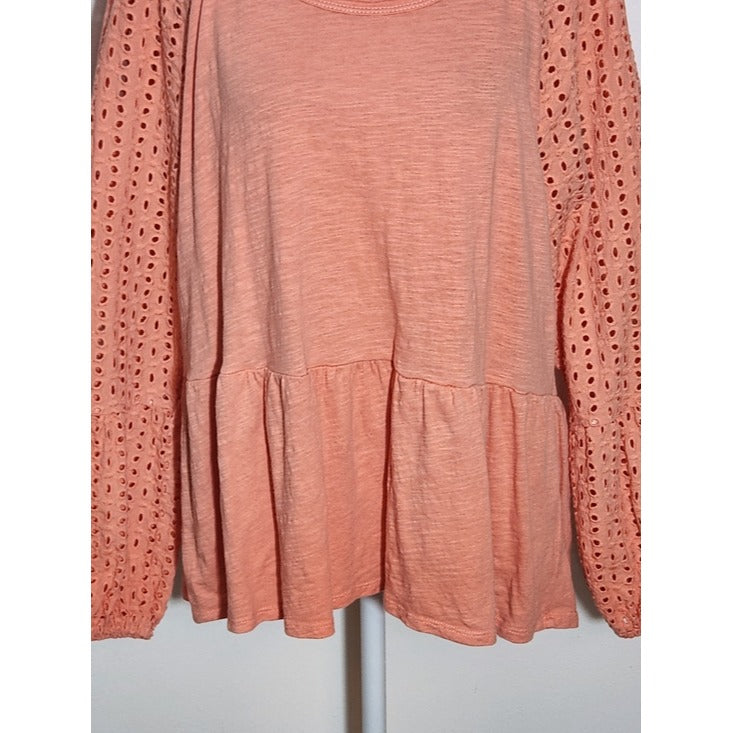 Time and Tru Coral Orange Eyelet Sleeve Knit Top Size XL