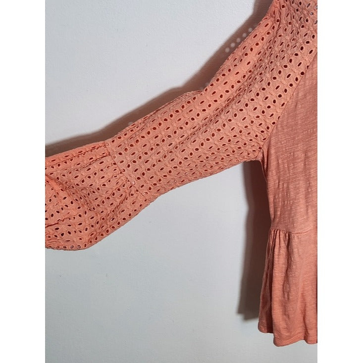 Time and Tru Coral Orange Eyelet Sleeve Knit Top Size XL