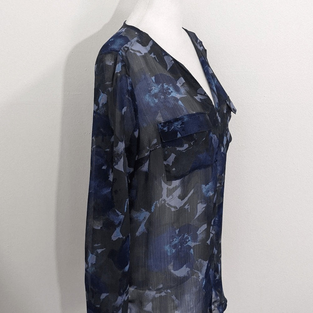 Mossimo Blue and Black Floral Blouse Size Small Sheer Flowy Blouse