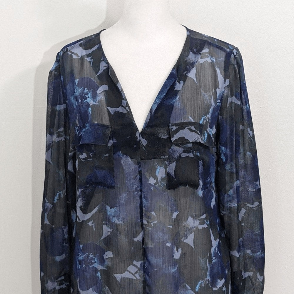 Mossimo Blue and Black Floral Blouse Size Small Sheer Flowy Blouse