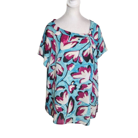 Liz Claiborne Aqua Blue and Magenta Floral Blouse Size 2X