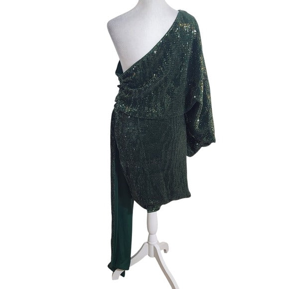 PrettyLittleThing One-Shoulder Green Sequin Dress NWT Size 12 Green Formal Dress