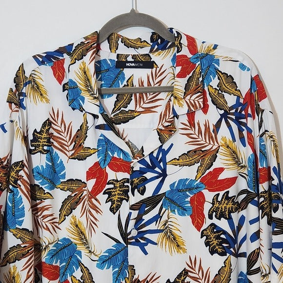 Fashion Nova Men's Colorful Tropical Leaf Print Hawaiian Shirt Size XXXL