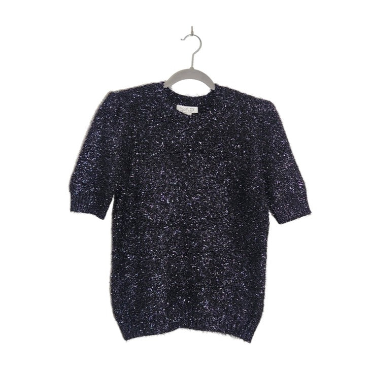 Rachel Zoe Black Metallic Fuzzy Short Sleeve Sweater Size Medium