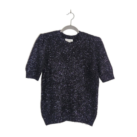 Rachel Zoe Black Metallic Fuzzy Short Sleeve Sweater Size Medium