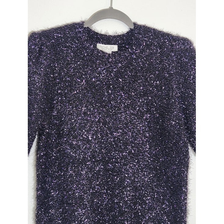 Rachel Zoe Black Metallic Fuzzy Short Sleeve Sweater Size Medium